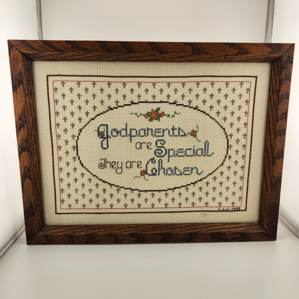 Framed Cross-Stitch with Brown Frame "Godparents are special. They are chosen"